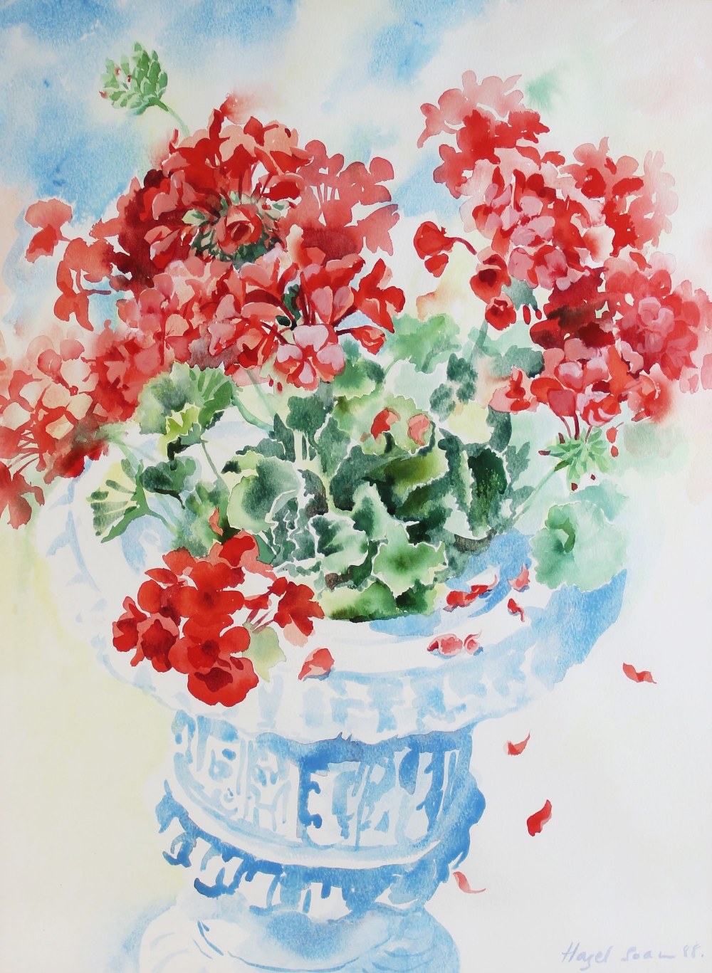 Hazel Soan (British, b.1954), 'So Fragile, So Bold', still life with geraniums in an urn,