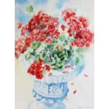 Hazel Soan (British, b.1954), 'So Fragile, So Bold', still life with geraniums in an urn,
