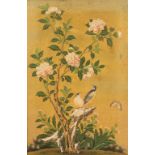 Chinese School (18th century), Birds perched upon a rocky outcrop beneath a flowering tree peony,