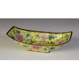 A Chinese Famille Jaune enamelled tray, 20th century, of curved rectangular form decoration with
