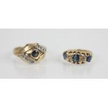 A sapphire and diamond set 18ct gold ring, comprising a central round mixed cut sapphire measuring
