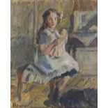 G. F. Clement (20th century), Portrait of a young girl playing with a doll, Oil on canvas, Signed