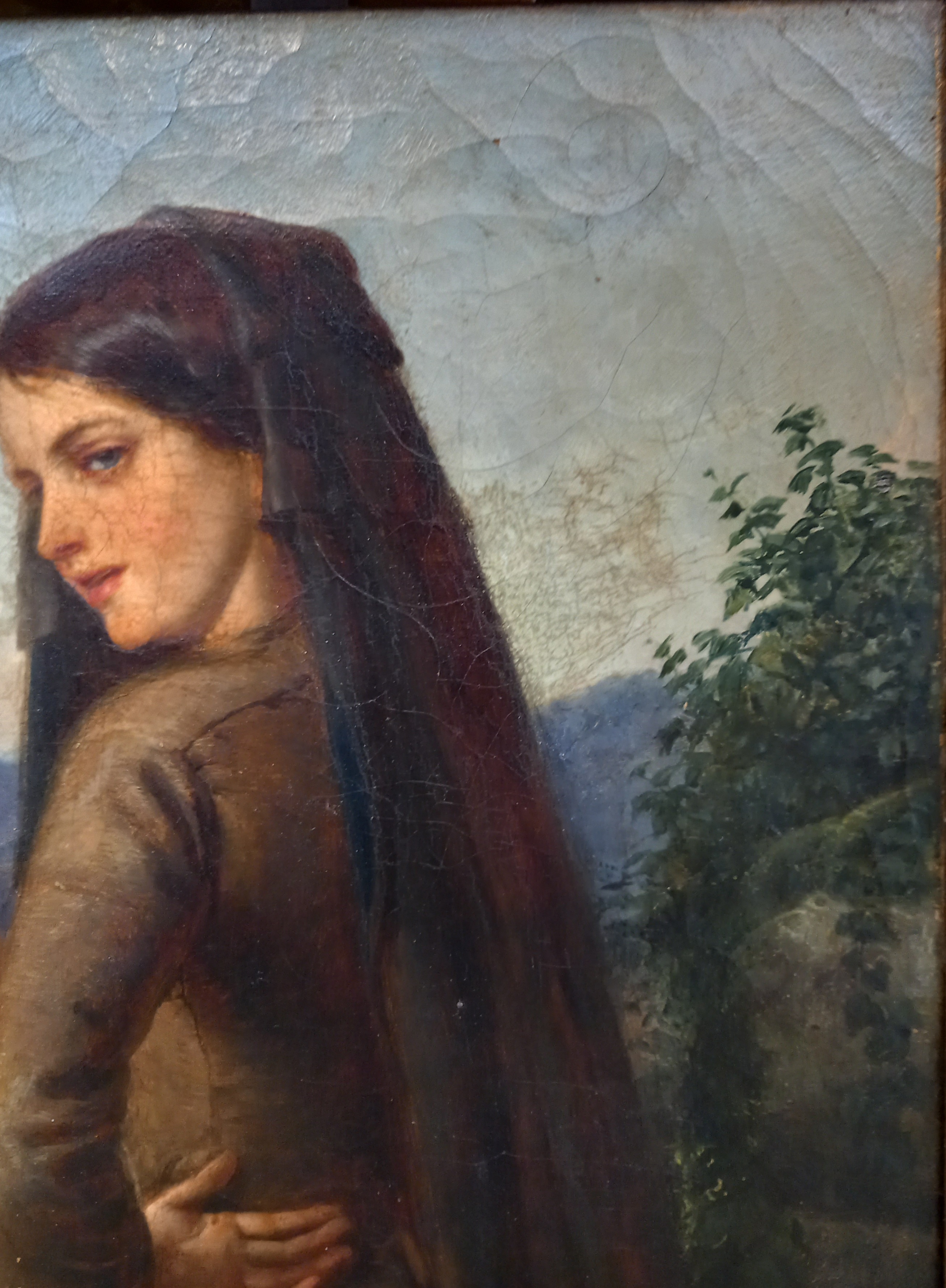 Spanish school (19th century), Portrait of a young girl holding a jug with mountains and lake - Image 7 of 9