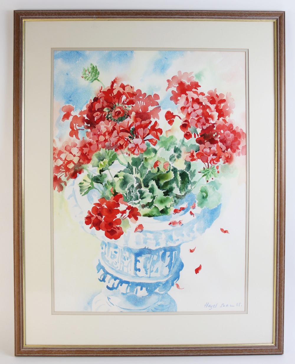 Hazel Soan (British, b.1954), 'So Fragile, So Bold', still life with geraniums in an urn, - Image 2 of 3