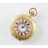 A continental 18ct gold lady's fob watch, round white dial with Roman numerals, half hunter case