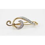 A 9ct gold diamond set treble clef brooch, 32mm, weight 2.3gms