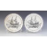 A pair of Dilwyn Swansea pottery plates, 19th century, each printed in black with a tall ship and
