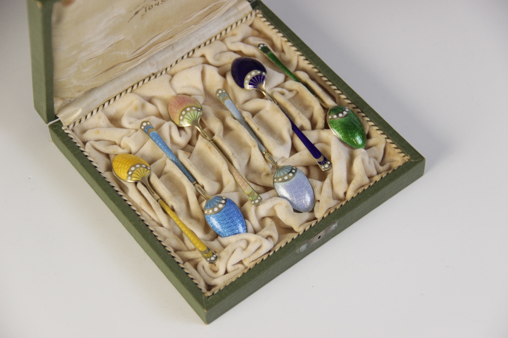 A cased set of six Danish enamelled silver gilt coffee spoons by Marius Hammer, each with engine - Image 3 of 4