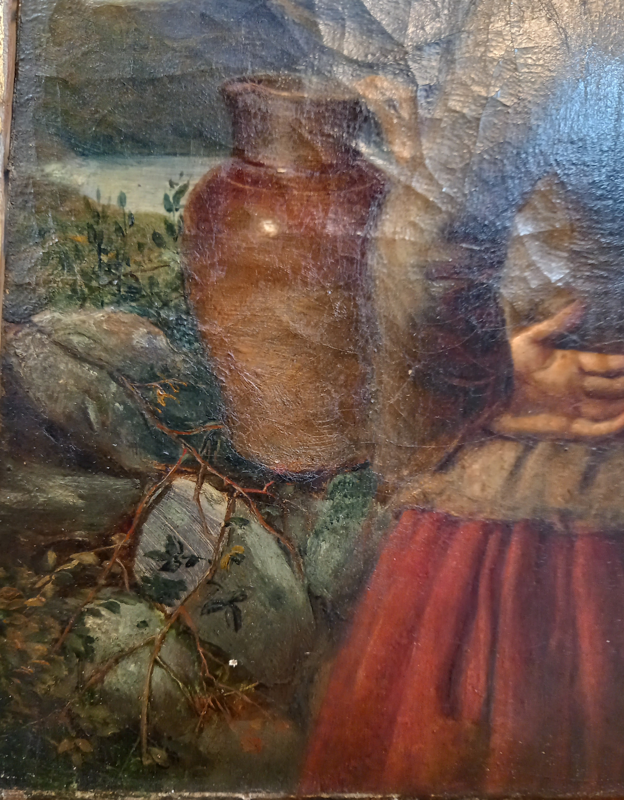 Spanish school (19th century), Portrait of a young girl holding a jug with mountains and lake - Image 4 of 9
