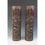 A pair of large bamboo carved sleeve vases, late 19th century, each of cylindrical form and