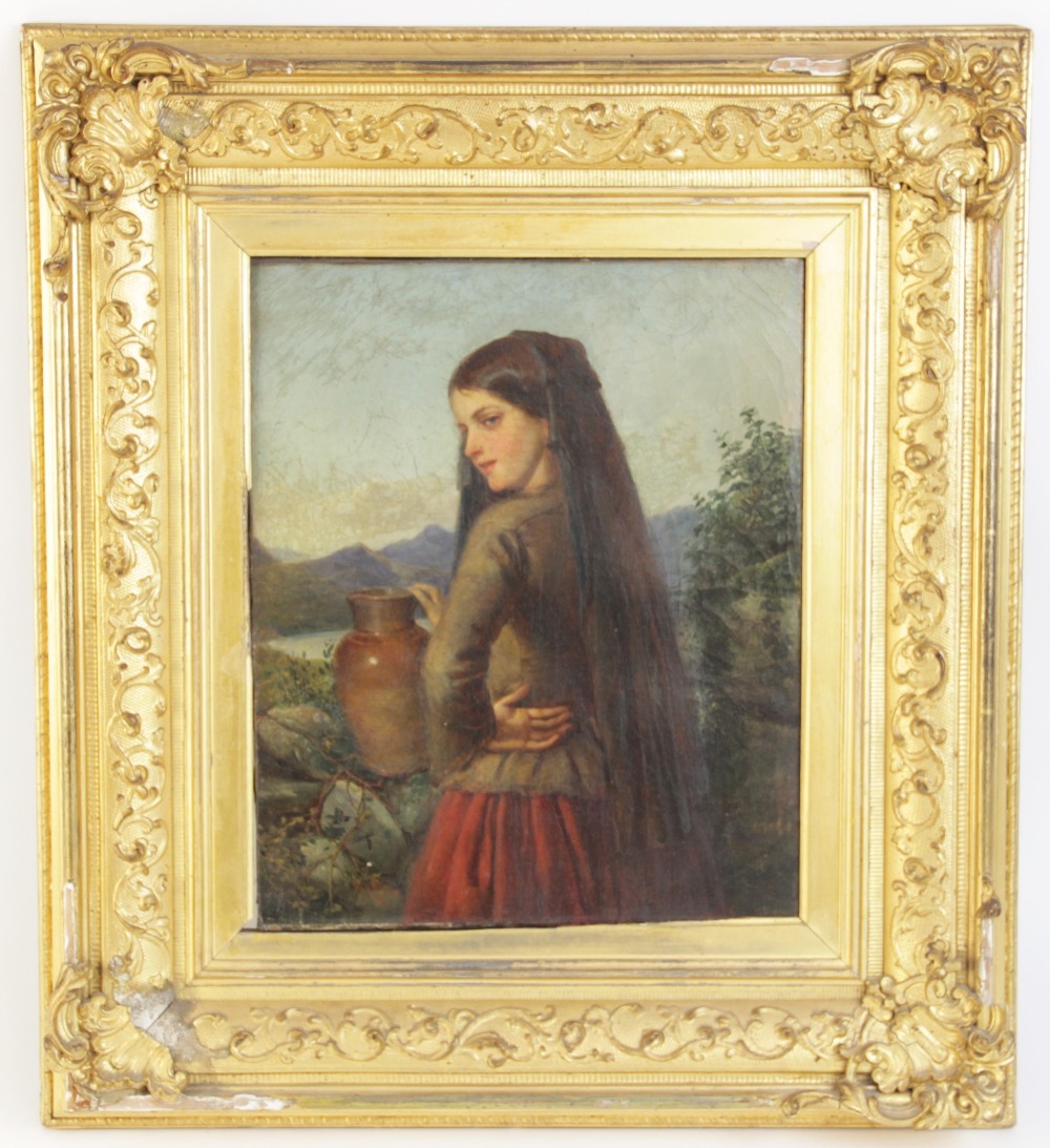 Spanish school (19th century), Portrait of a young girl holding a jug with mountains and lake