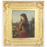 Spanish school (19th century), Portrait of a young girl holding a jug with mountains and lake