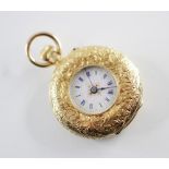 A continental 18ct gold lady's half-hunter fob watch, the pink toned dial with gilt decoration,