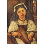 Continental school (19th century), Portrait of a girl playing the tambourine, Oil on board,