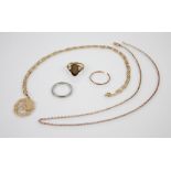 A selection of jewellery, to include a 9ct gold pendant, 23mm x 20mm, upon a 9ct golf figaro link