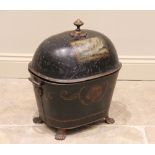 A Regency toleware log/coal bin, the domed cover applied with two painted panels depicting rural