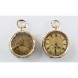 A continental 14ct gold open face fob watch, the round gold toned dial with engraved floral