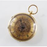 A Victorian 18ct gold lady's pocket watch, the gold toned dial with engraved detailing and black