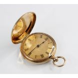 An early 20th century 14ct gold continental full hunter pocket watch, the gold toned dial with black