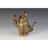 A South African Ardmore Studio pottery vessel and cover, the body modelled as zebra on its back with