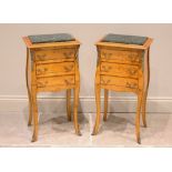 A pair of Louis XVI style birds eye maple marble top bedside chests, late 20th century, each with