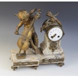 A late 19th century French mantel clock, the marble plinth base surmounted with a gilt metal