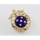 An Edwardian blue enamel and pearl set garland pendant/brooch, the central round enamelled panel set