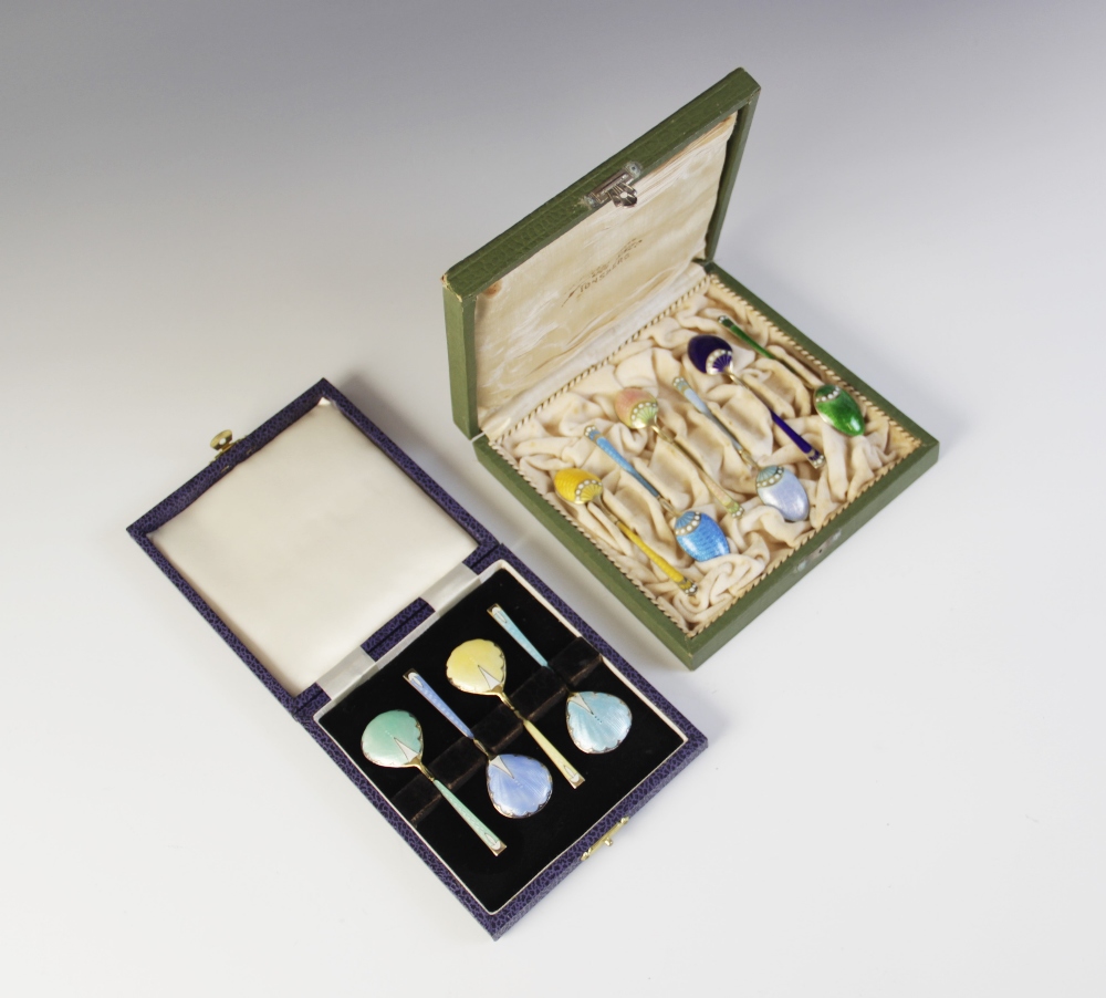 A cased set of six Danish enamelled silver gilt coffee spoons by Marius Hammer, each with engine - Image 4 of 4