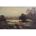 Scottish school (19th century), Successful deer stalkers fording a river, Oil on canvas,