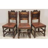 A set of six 17th century style oak dining chairs, late 19th century, the back rests with carved
