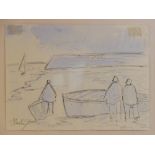 Markey Robinson (Irish, 1918-1999), A coastal scene with figures and boats, Pen and ink wash, Signed