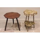 A late 19th century two tier gilt wood gypsy table, the trefoil table top covered in foliate