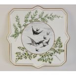 A Minton's porcelain tray, date code for 1881, finely enamelled with a central roundel of swifts
