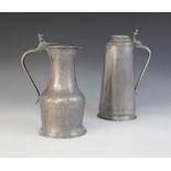A pewter lidded vessel, 18th century, the baluster form body below a double acorn thumbpiece to