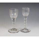 An ogee bowl cordial glass, the faceted bowl on tapering faceted stem terminating in conical foot,