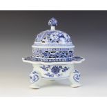 A Chinese porcelain blue and white incense burner/pot pourri, Xuande six character mark, raised on a