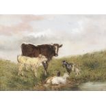 Follower of Thomas Sidney Cooper (1803-1902), A cow, calf and goats in a field, Oil on canvas,