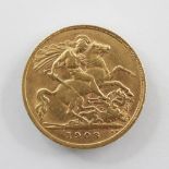 An Edwardian gold half sovereign, dated 1908, gross weight 4.1gms