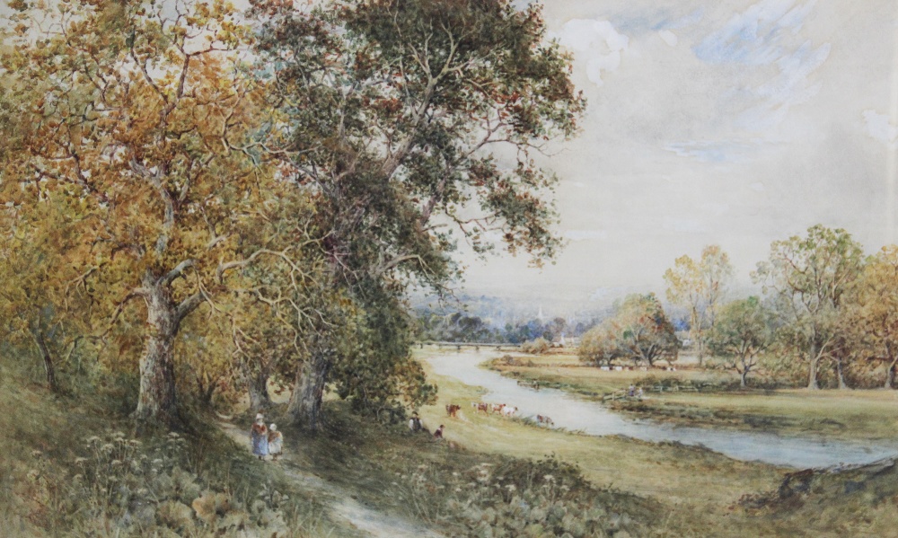 George Vicat Cole RA (1833-1893), ?A river landscape with figures walking along a path?, Watercolour