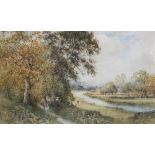 George Vicat Cole RA (1833-1893), ?A river landscape with figures walking along a path?, Watercolour