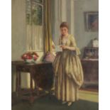 Stephen Reid (Scottish 1873-1948), ?The Letter, Regency female in an interior', Oil on canvas,