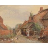 W. E. Cooke (British, fl. late 19th century), A family outside a farmhouse with woman feeding ducks,