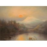 H Armytage (English school, early 20th century), A dusk landscape with sun setting over