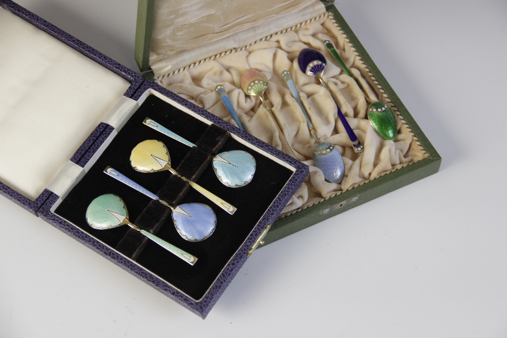 A cased set of six Danish enamelled silver gilt coffee spoons by Marius Hammer, each with engine - Image 2 of 4