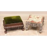 An early 20th century carved walnut foot stool, the velour padded seat within a plain frieze,