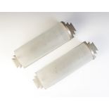 A pair of chromed and frosted glass odeonesque wall lights, each with an arched glass shade upon a