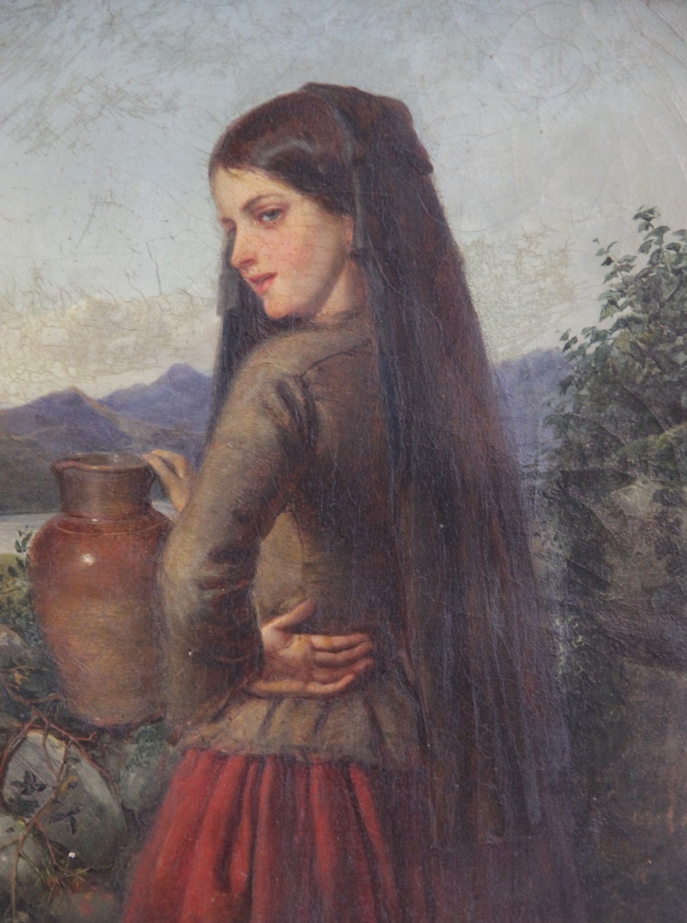 Spanish school (19th century), Portrait of a young girl holding a jug with mountains and lake - Image 2 of 9