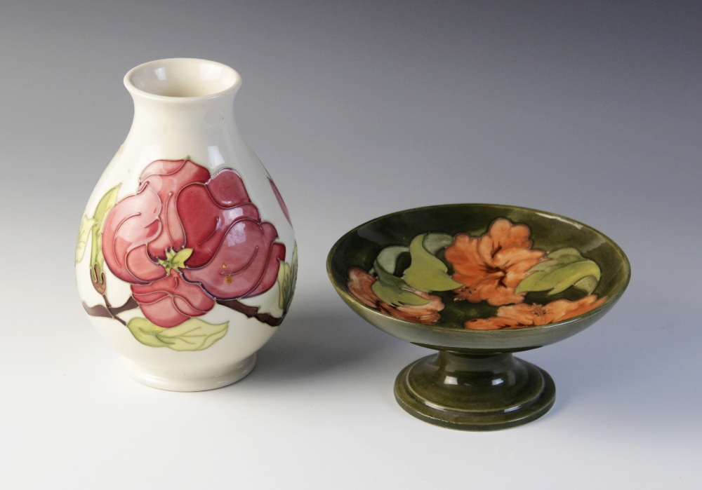 A Moorcroft compote decorated in the 'Hibiscus' pattern against a green ground, impressed maker's - Image 5 of 5