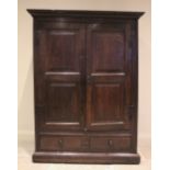 An 18th century oak hall cupboard, the moulded cornice above a pair of panelled doors mounted on