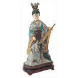 SCULTURA CLOISONNE raffigurante "Figura femminile", testa e mani in osso, base in legno. Cina
